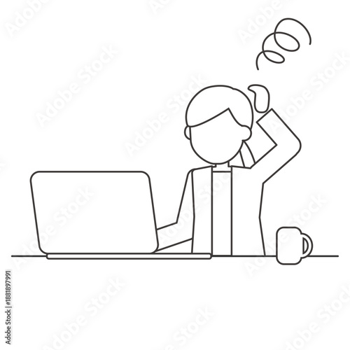 作業内容を検討しているデスクワーク中の女性の線画イラスト