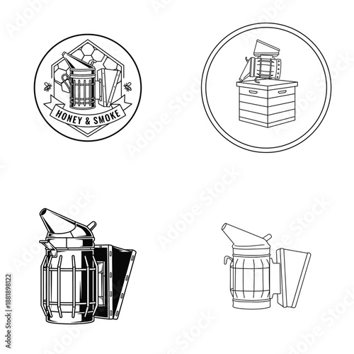 Bee Smoker Equipment And Apiculture Tools Line Art Icon Set