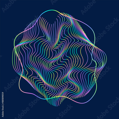 Particles and wavy lines in shape. Linear wave style.