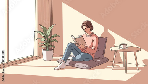 A serene illustration of a person reading a book while sitting on a floor cushion near a window, bathed in warm sunlight