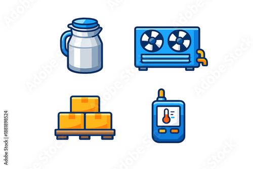 Milk jug cooling system boxes on pallet and temperature monitor on a