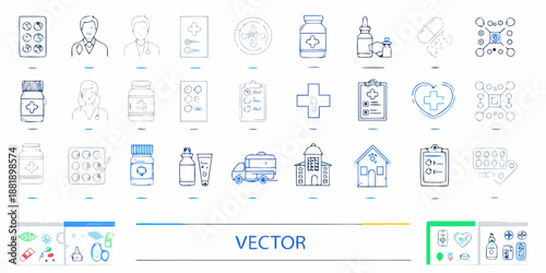 collection of various medical icons and symbols in different colors