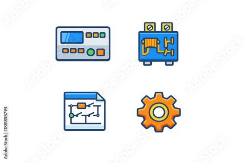 Icons representing control systems electrical components and workflow