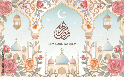 Happy Ramadan Kareem 2026 celebration card graphic design. Ramadan Kareem Typography design with roses, lanterns, and crescent moon. Arabic Translation of the Noble Raadan. 