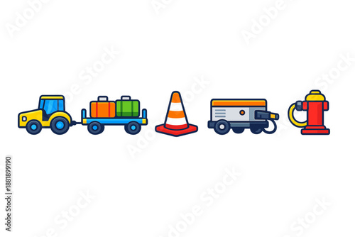 Construction vehicles and tools are lined up on a white background for