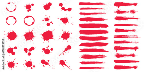 Collection of red ink splashes, grunge brush strokes, blood stains, and coffee rings on white background