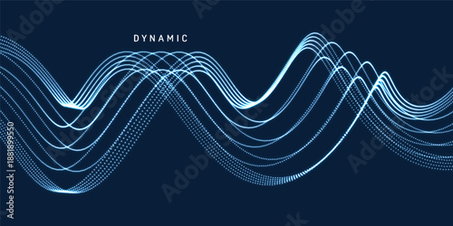 Wavy background. Array with dynamic particles. Composition with motion effect. 3d technology style. Vector illustration.