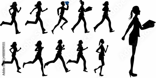 Silhouettes of people running and walking in various dynamic poses