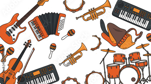 Colorful vector illustration of musical instruments including guitar, violin, keyboard, trumpet, drum, saxophone, and maracas