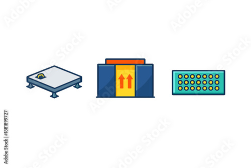 Elevator system elements showing lift platform and control panel in a