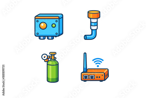 Icons of equipment showing a controller pipe gas cylinder and wireless