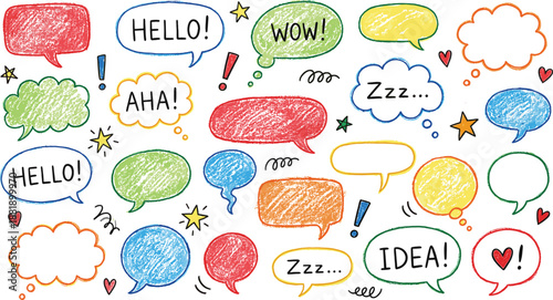 Colorful vector illustration of playful speech and thought bubbles with expressive phrases, stars, hearts, and decorative doodles