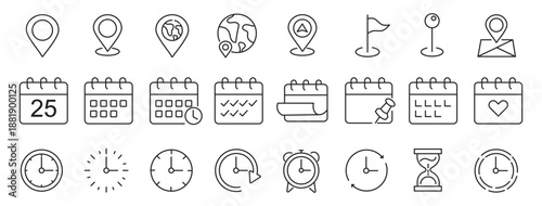 Time, date and location editable stroke outline icons set. Address line icons and navigation outline icons set. isolated on white background.