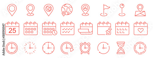 Time, date and location editable stroke outline icons set. Address line icons and navigation outline icons set. isolated on white background.