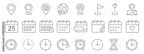 Time, date and location editable stroke outline icons set. Address line icons and navigation outline icons set. isolated on white background.