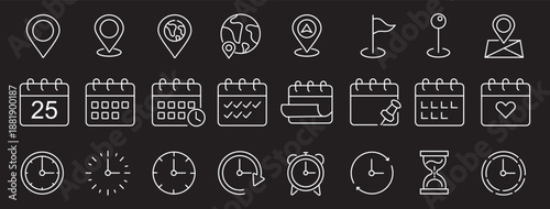 Time, date and location editable stroke outline icons set. Address line icons and navigation outline icons set. isolated on white background.
