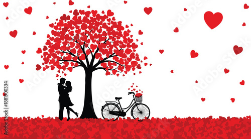 Romantic Love Tree Hearts Couple Silhouette Bicycle Valentine Red Passion Illustration Background Decorative Nature Scene Relationship Poster Design