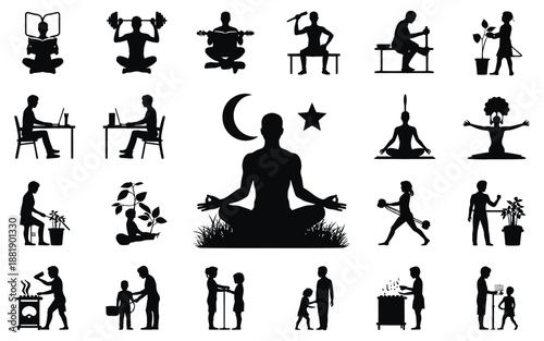 modern daily routine lifestyle silhouette illustration featuring fitness yoga meditation work family time and leisure for healthy balanced living concept