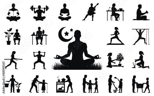 modern daily routine lifestyle silhouette illustration featuring fitness yoga meditation work family time and leisure for healthy balanced living concept