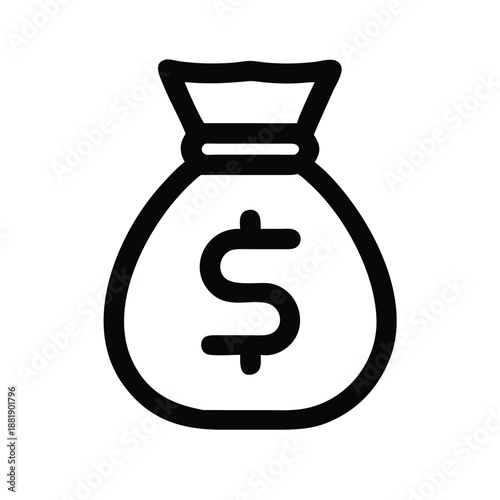 Minimalist money bag with dollar sign icon, black on white background vector illustration