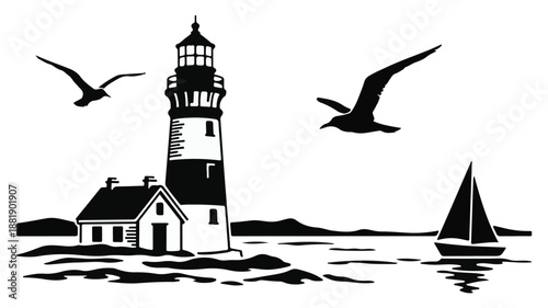 Lighthouse with seagulls and sailboat on a rocky coast with distant hills Keywords: lighthouse, seagull, bird, sailboat, boat
