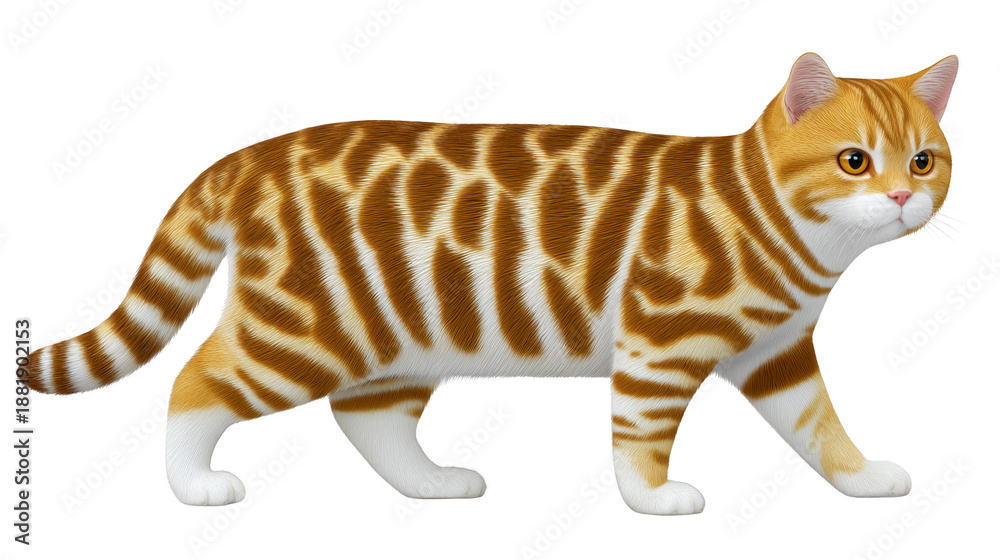 Obraz premium Orange tabby cat with striking mackerel pattern, white paws, and alert expression, standing and looking forward, domestic pet, isolated on transparent background