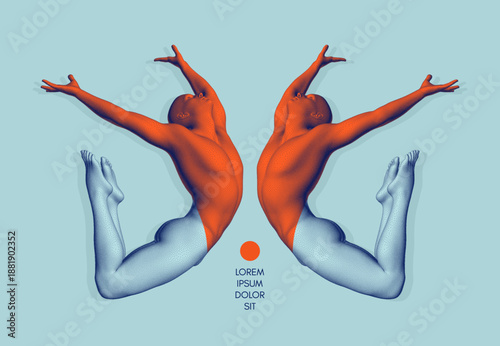 Leadership, freedom or development concept. Сouple jumping face to face. Gymnastics activities. 3D human body model. Design for sport. Vector composed of particles and divided by colour into two parts