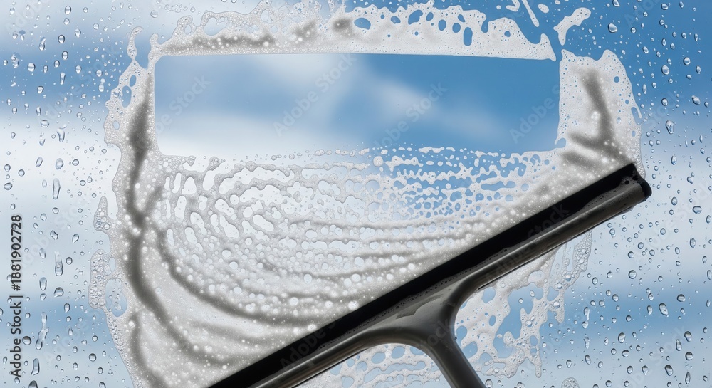 Fototapeta premium Window Cleaning Clarity: A close-up shot of a window being cleaned with a squeegee, showcasing the process of removing soap and water to reveal a clear view of the sky and the clouds