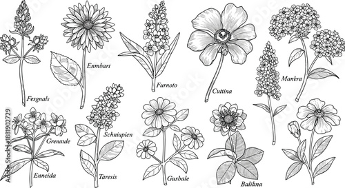 Hand-drawn botanical illustration of twelve labeled flowers with unique petal, leaf, and stem structures for design and study