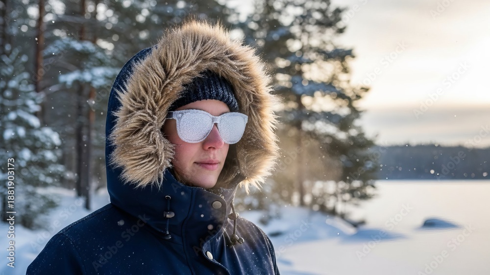 Fototapeta premium Woman with frosted glasses standing in cold winter forest