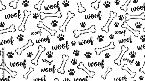 Playful vector pattern of dog-themed elements including bones, paw prints, and “woof” text in various orientations
