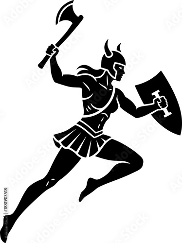 Woman viking warrior with horned helmet, axe, and shield in dynamic pose. Mythology and fantasy concept. Black and white vector illustration