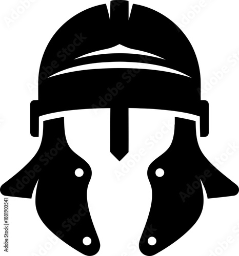 Roman legionary helmet icon for historical concept or ancient empire symbol. Black monochrome silhouette vector illustration