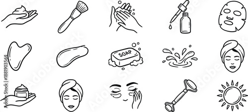 Skincare, facial care, beauty routine, hygiene icons, serum, cream, mask, gua sha, roller, soap, water splash, towel, sun, wellness, clean skin, spa, self-care, cosmetic, treatment, glow