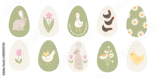 Easter egg set with with flowers, goose, chickens and bunnies. Paschal symbols and  spring holiday elements. Vector flat illustration isolated on white background.