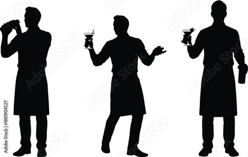 Black silhouette collection of a professional male bartender mixing drinks shaking cocktails and serving martinis in an apron isolated on a white background
