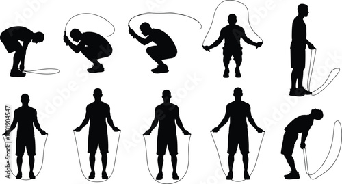 Black silhouette collection of a fit man jump rope workout set including jumping, squatting, and stretching exercises isolated on a clean white background.eps