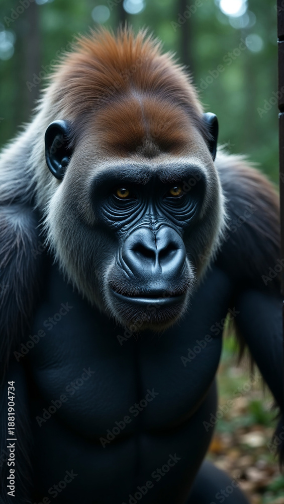 Fototapeta premium Powerful Silverback Gorilla in Defensive Stance with Clenched Fists in Jungle