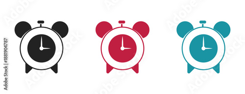 classic alarm clock icons in black pink and blue, time management and deadline
