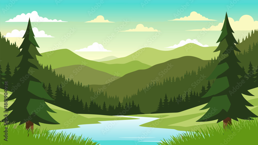 Fototapeta premium Beautiful Green Mountain Landscape with a River and Trees A Vector Illustration