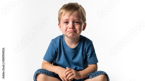 Young child seated, tears streaming down face against a white background