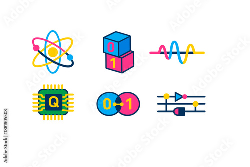 Colorful symbols representing concepts in technology science and data