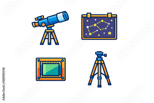 Various tools for astronomy including a telescope star map and camera
