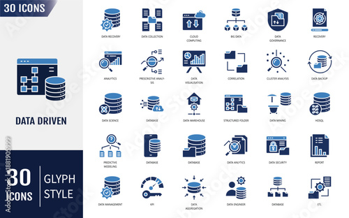 Data driven icon set. Algorithm, analytics, big data, data mining, machine learning, ai, science, analysis, visualization, warehouse, database and more. Vector illustration