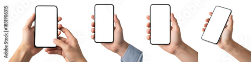 Set of hands holding smartphone with blank screen isolated on white background