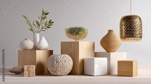 Modern Minimalist Decorative Arrangement with Vases, Plants, and Wooden Elements on Display
