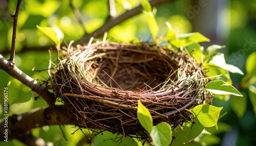 Close up of an empty bird nest made of twigs and straw resting on a tree branch with bright green leaves and sunlight filtering through.