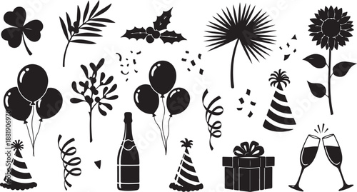 New Year's Eve Celebration Icons and Party Symbols Silhouette