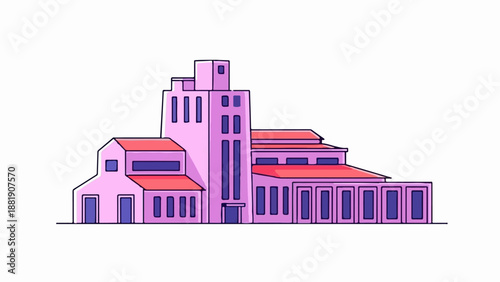 Stylized pink building with red roof and purple windows
