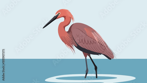 Stylized pink heron with long beak stands in calm blue water